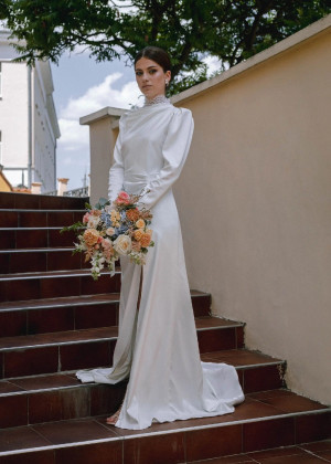 High Collar Ivory Satin Lace Keyhole Back Slit Wedding Dress